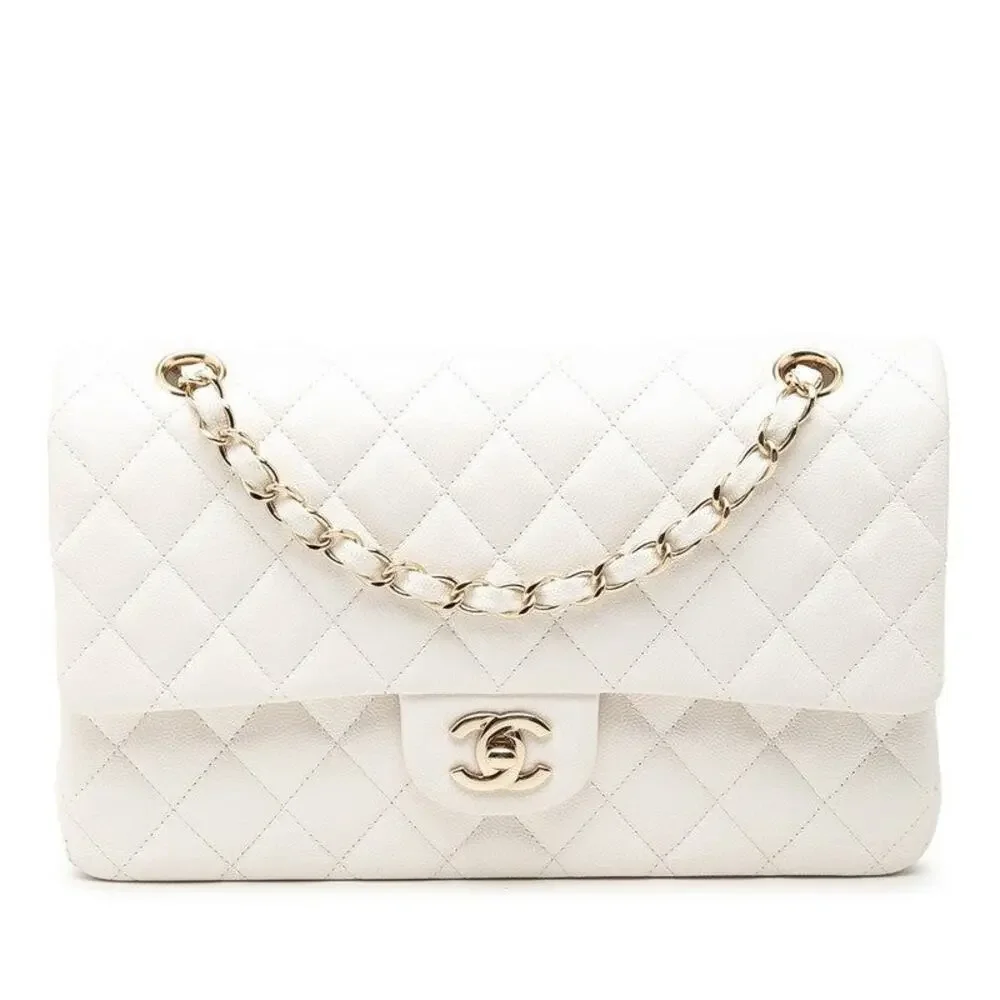 Chanel Coco Mark Caviar Skin Matelasse 25 Double Flap Chain Shoulder Bag White